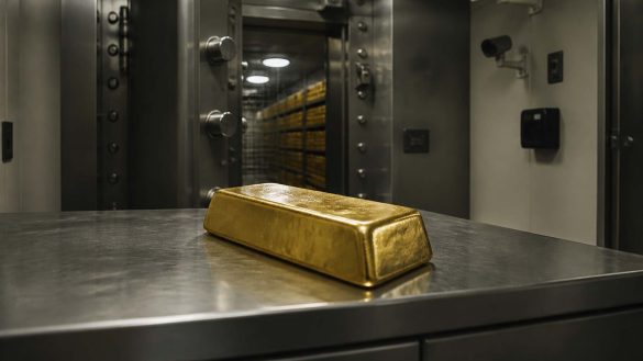 Un gros lingot d'or physique posé sur une table en métal dans une chambre forte de banque, pour illustrer comment stocker ses actifs et éviter les erreurs investir or.
