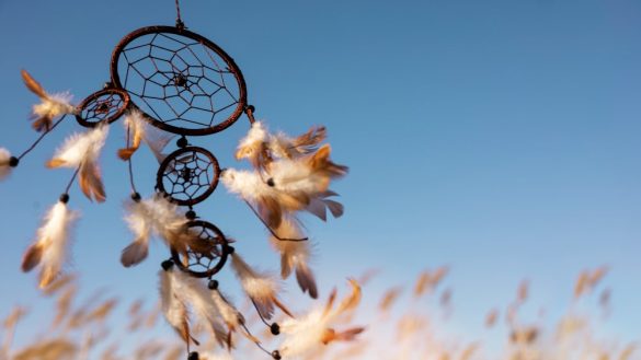 Grand attrape-rêves marron composé de plusieurs cercles et ornements de plumes, accroché à l'extérieur avec un ciel bleu et des herbes floues en arrière-plan