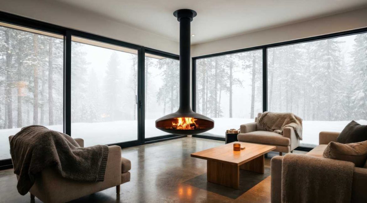Un salon moderne avec une cheminée suspendue et de grandes baies vitrées donnant sur un paysage enneigé, idéal pour installer chauffage air pulsé maison.